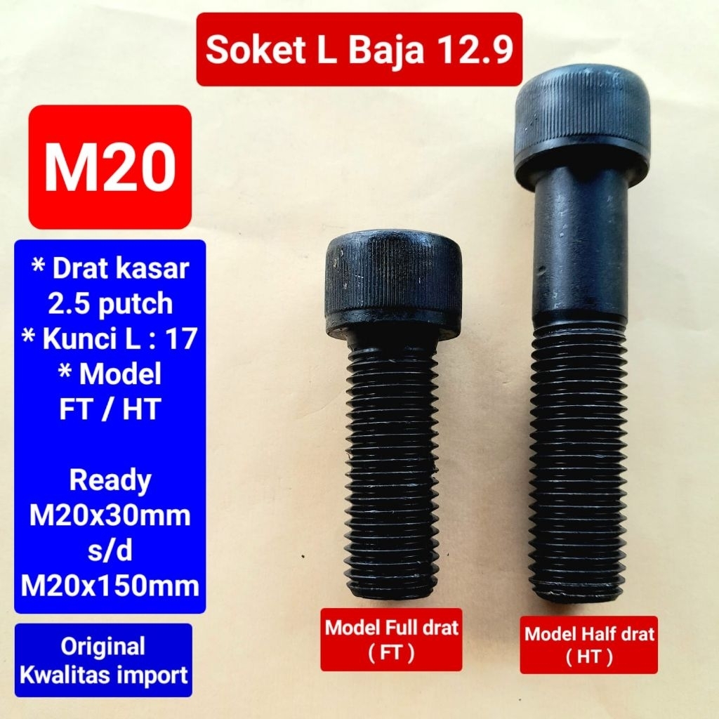 Baut soket L baja 12.9 M20 | baut kunci L baja 12.9 M20 | baut L hitam baja 12.9 M20x30 s/d M20x150m