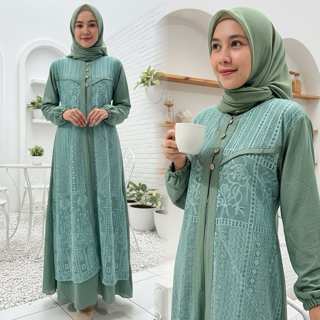 Gamis Pololinen Kombinasi Brukat Mewah Elegan & Busui Friendly