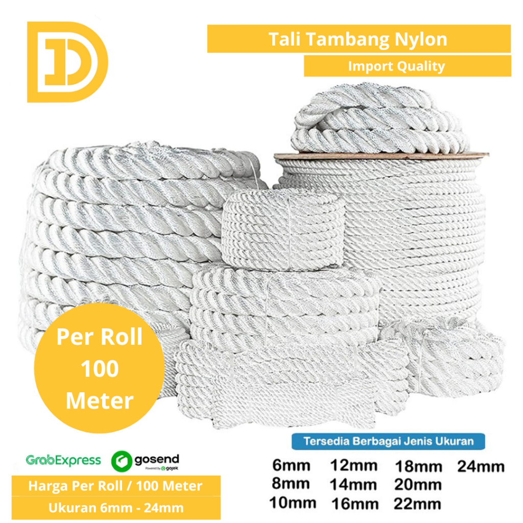 Tali Tambang Nylon 18 mm - 24mm Roll Tali Tambang Nilon Kecil Sedang Besar Putih Per Roll Gulungan M