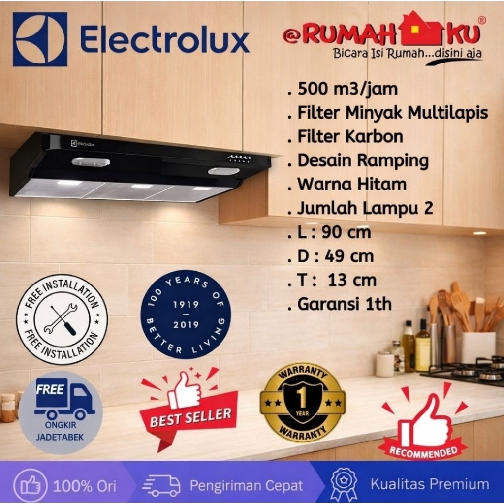 ELECTROLUX  EFT 9033 K / EFT9033K / EFT 9033 K SLIMHOOD 90CM PENGHISAP ASAP DAPUR