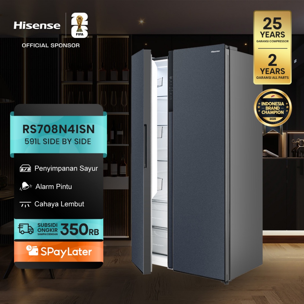 Hisense Kulkas RS708N4ISN Refrigerator Side By Side Kapasitas 591L Warna Silver Inverter Tanpa Bunga