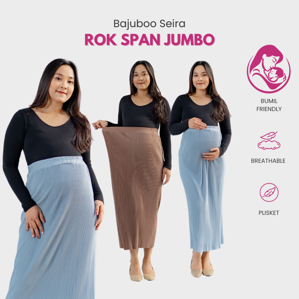 Bajuboo Seira Skirt, Rok Span Jumbo Bahan Plisket Lidi Elastis untuk Ibu Hamil - Ukuran S hingga Jum