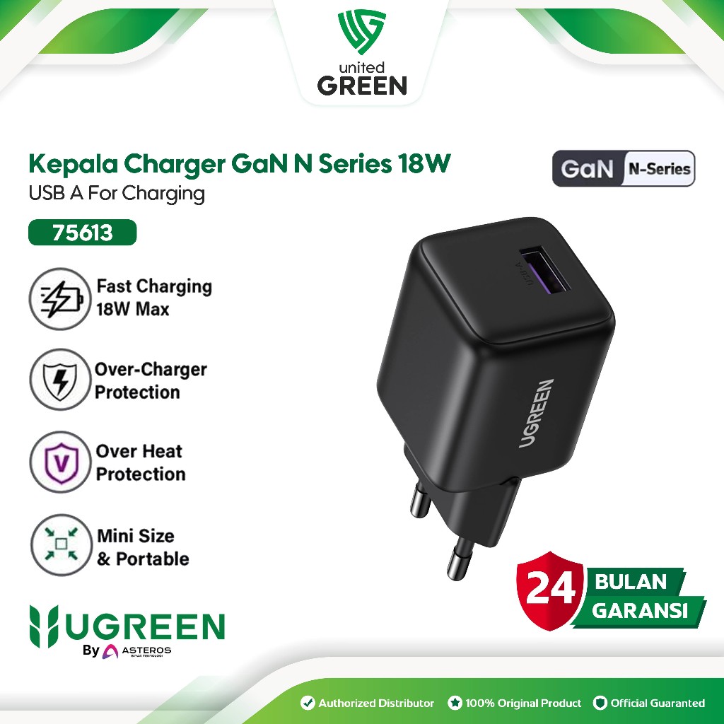 UGREEN 75613 Kepala Adaptor Charger USB A 18W 3A GaN N Series Black Hitam PD Fast Charging Power Del