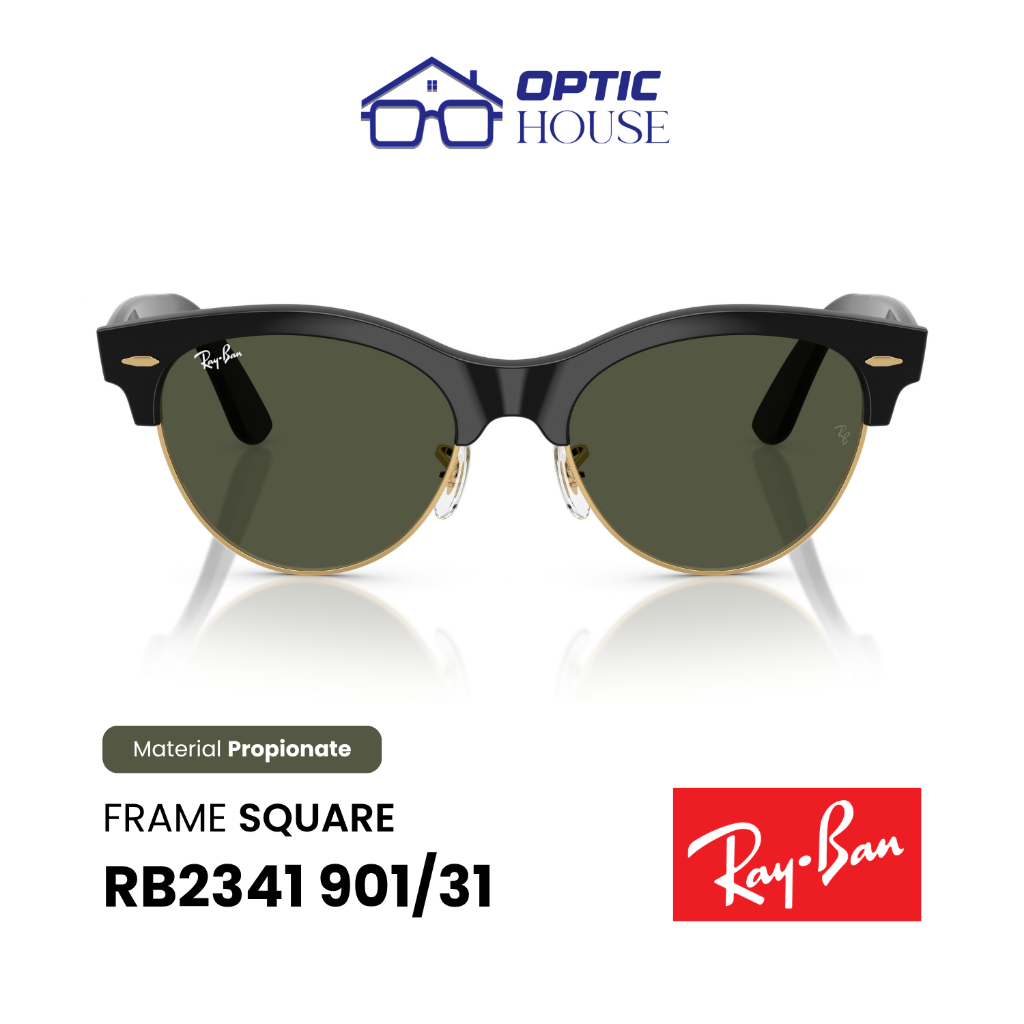 Ray-Ban RB2341 Clubmaster Way Sunglasses 901/31 Polished Black On Gold Green