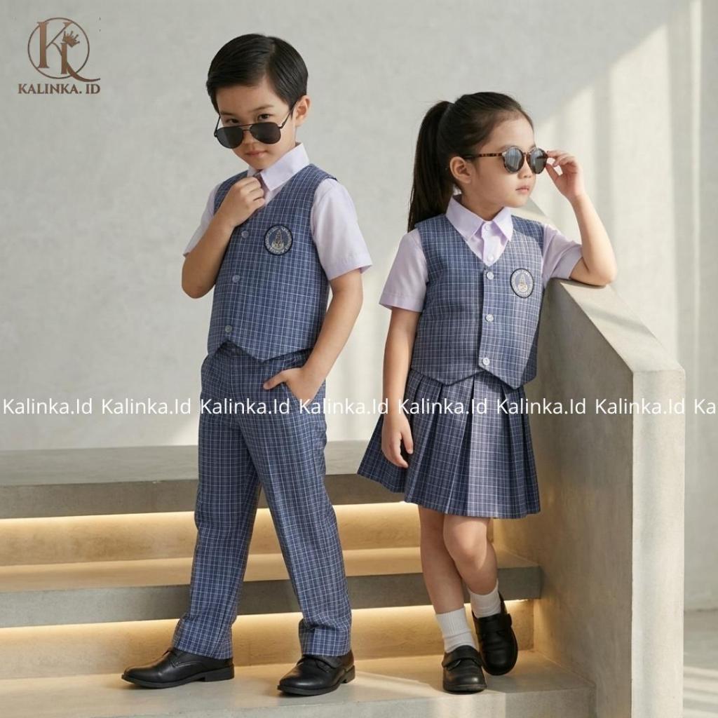 KalinkaID - Set Seragam Rompi Kotak Biru TK/Paud Nasional Laki-Laki dan Perempuan Panjang/Pendek (At