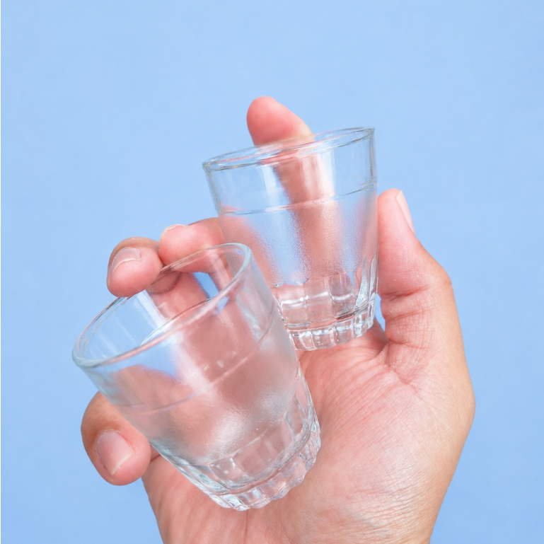 1 SET Gelas Jadul Kecil 50ml isi 6 Pcs - Gelas Jamu Mini Motif Embun - Sloki Belimbing Kecil