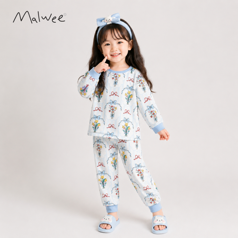 MALWEE Setelan Piyama Anak 1-6 tahun Baju Anak Flowers Baju Tidur Panjang Perempuan Cotton Premium
