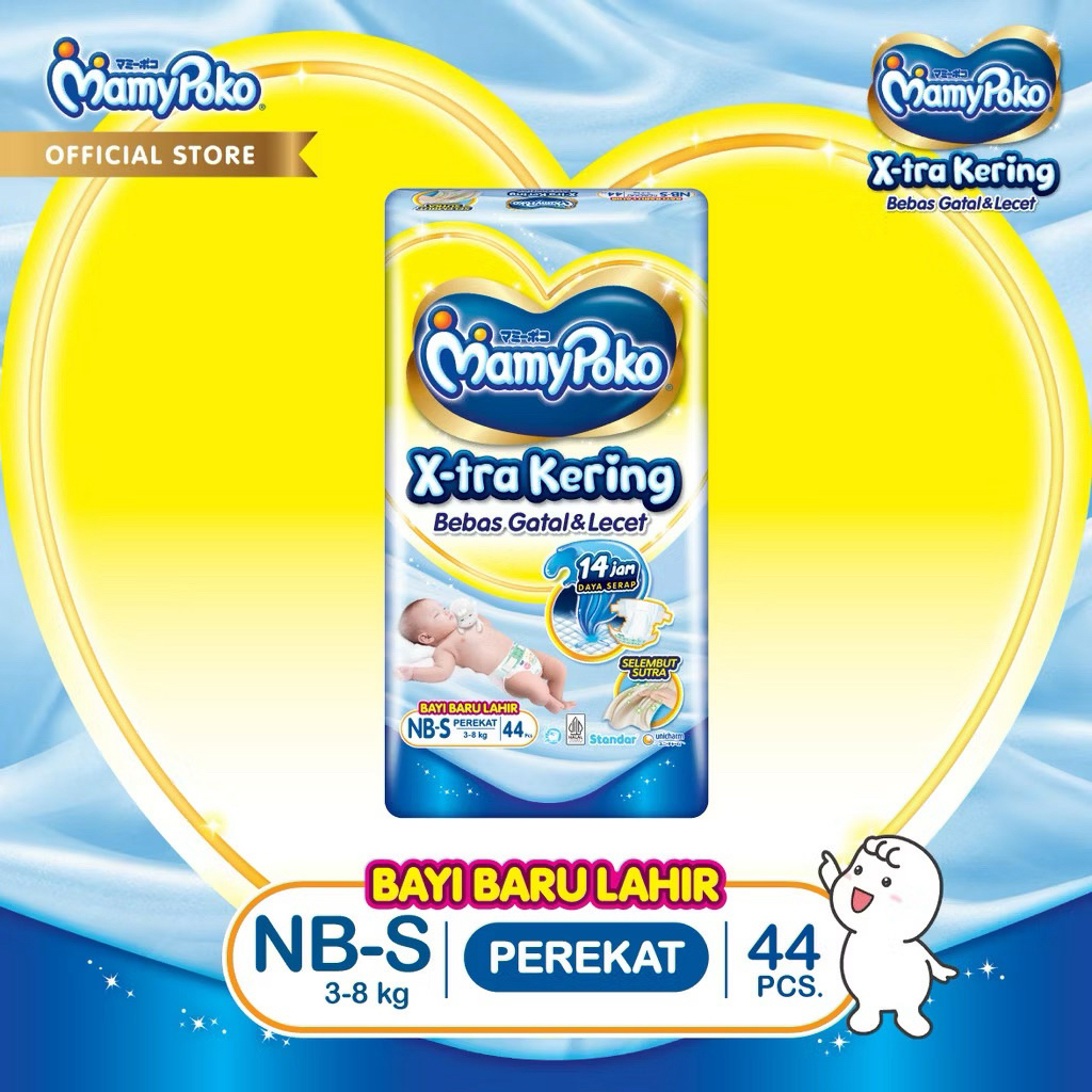 Mamypoko X-tra Kering NBS 44 perekat, Pampers New Born S isi 44, Popok Perekan Now Born Baru Lahir, 