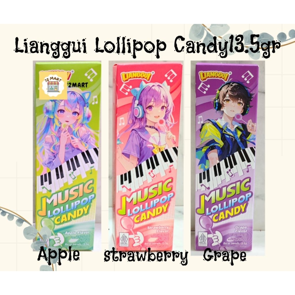 Lianggui Permen Lolipop Music Rasa Apple, Strawberry, Grape 13,5gr