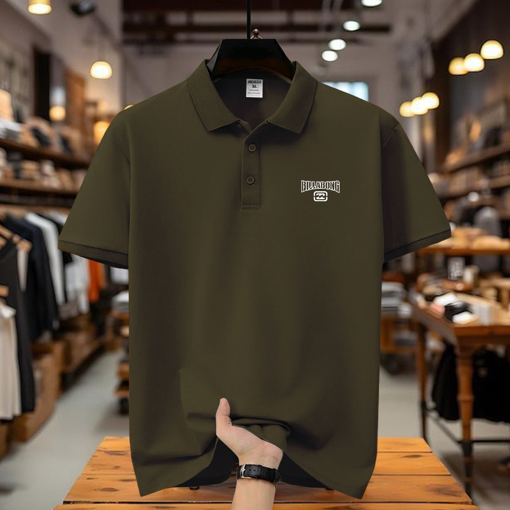 COD T-shrit POLO kerah Billabong Logo Kiri Putih Kaos Kerah Dewasa Shirt / Kaos Wangki Pria Polo Uni