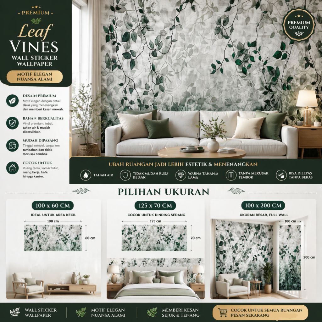Stiker Wallpaper motif daun gold merambat alam hijau Wallpaper dinding motif
