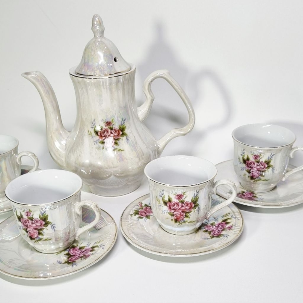 Set Cangkir Teh Keramik Bunga Vintage + Teko | Tea Set Motif Mawar Elegan Estetik
