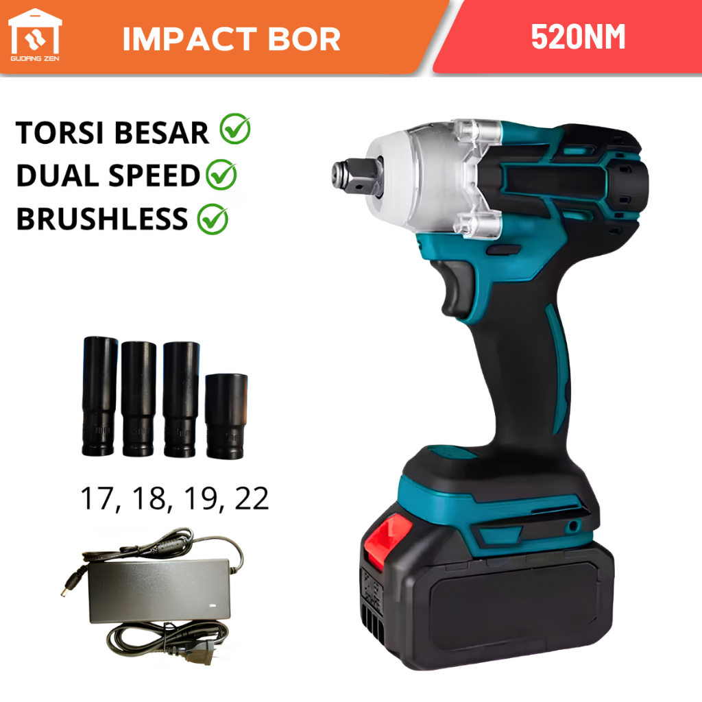 Set Impact Wrench 520N/M Cordless Brushless Mobil Impact baterai impek