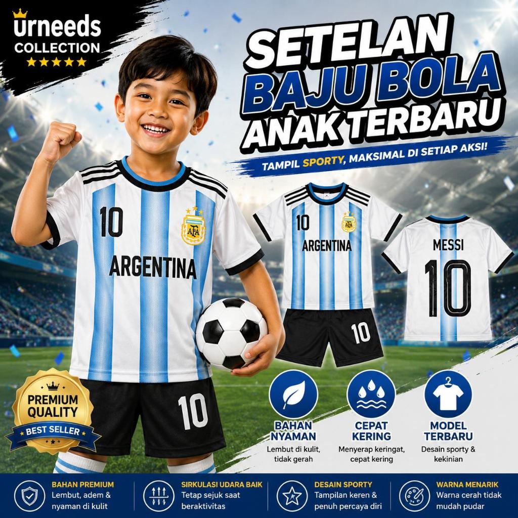 COD / SETELAN BAJU BOLA ANAK TERBARU TIMNAS NEGARA PIALA DUNIA LIGA ARGENTINA PUTIH MESSI / JERSEY F