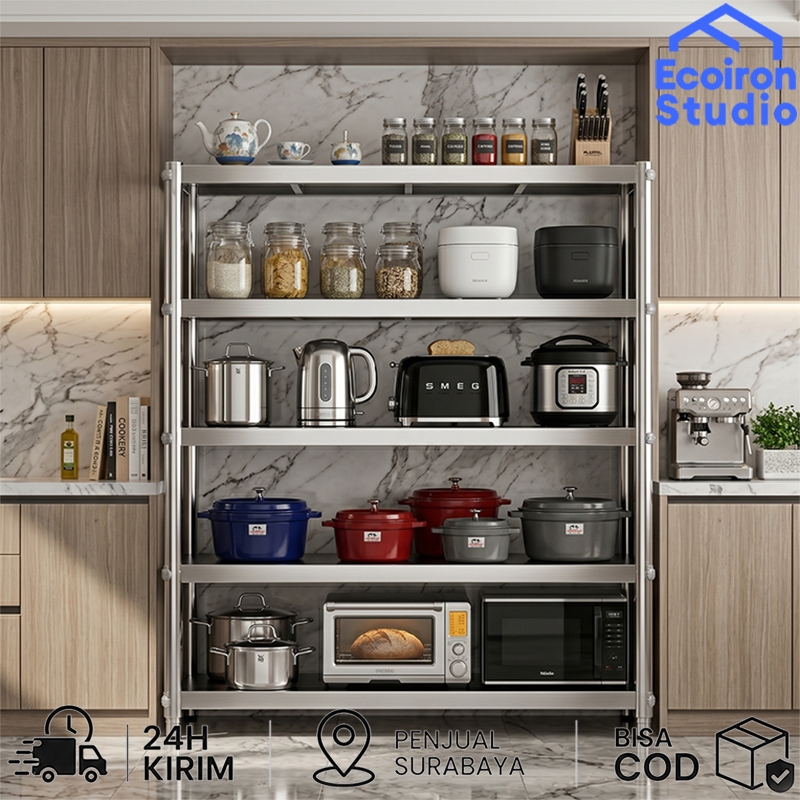 EcoIron Studio SUS 304 Rak Dapur Stainless 5 Susun Untuk Microwave Oven Serbaguna Anti Karat COD Rea