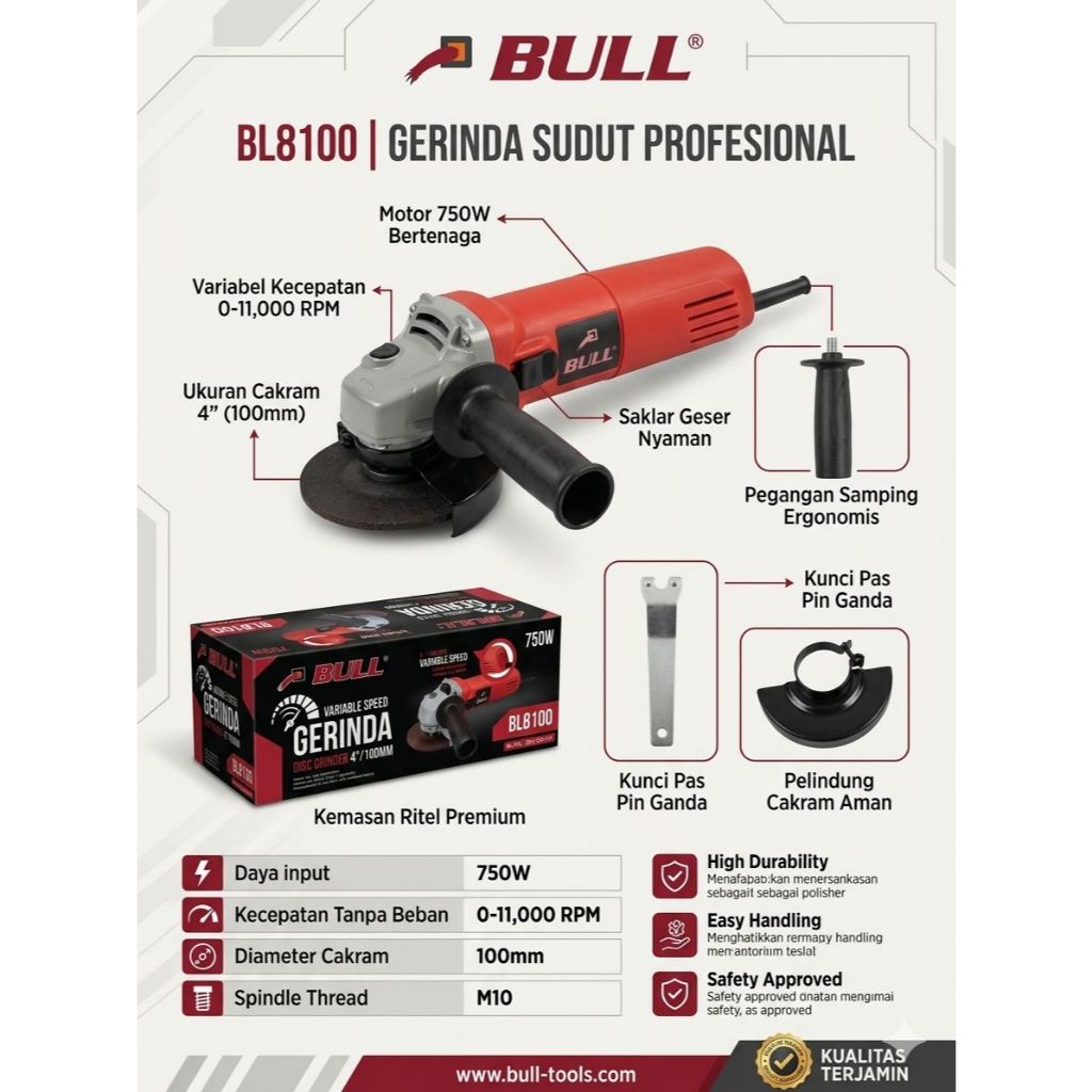 Bull BL 8100 / Mesin Gerinda Tangan 4" Bull BL8100 VS Variable Speed - Angle Grinder Bull 8100
