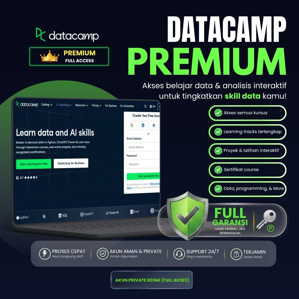 DataCamp Premium Full Access Akun Belajar Data Science Python SQL AI Kursus Sertifikat Resmi 1 Bulan