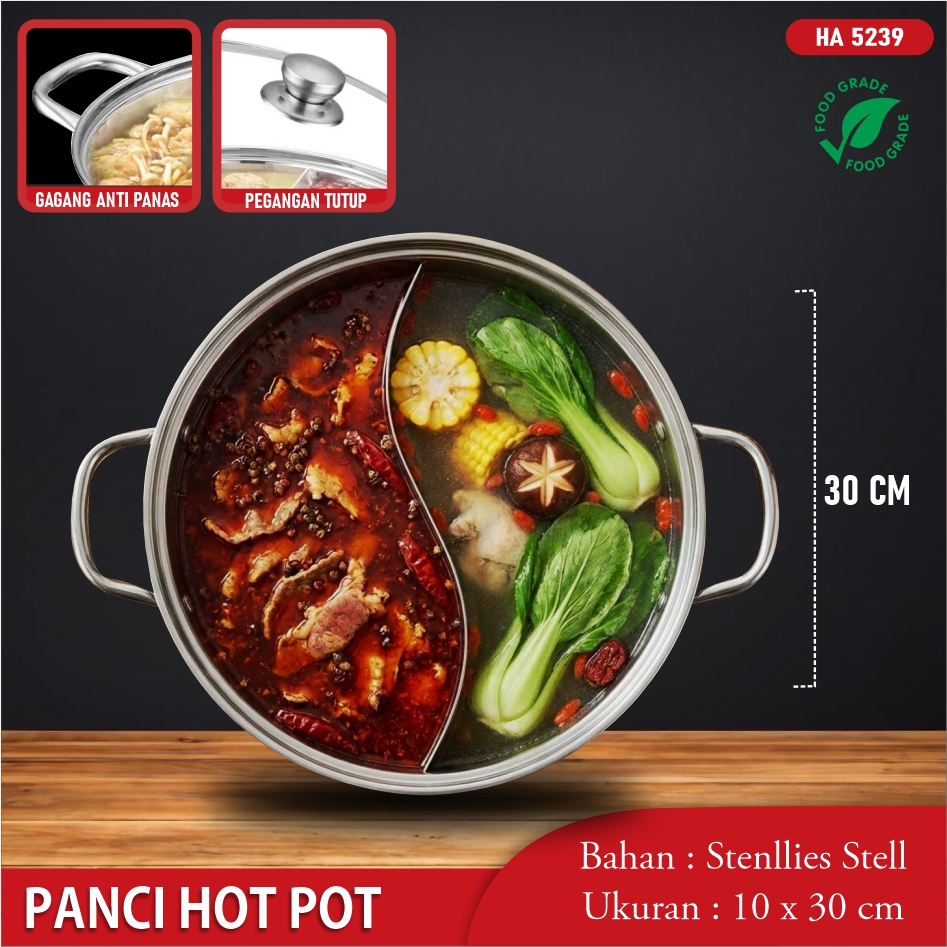 Panci Hotpot Shabu 2 Sekat Tutup Kaca Panci Steamboat Suki Panci Panggang Grill Bbq Stainless Steel