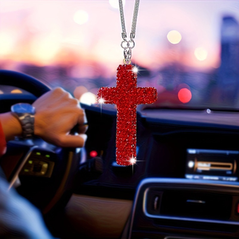 POOU IOT Gantungan Hiasan Spion Mobil Salib Gantungan Salib Kristal Mobil – Elegan & Berkilau