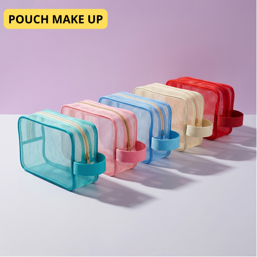 Tas Kosmetik Transparan Travel Troiletry Washbag Make Up / Pouch Make-Up Travel Polos Jaring Warna