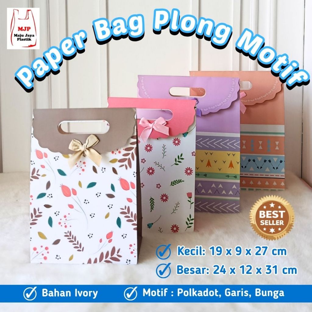 Paper Bag Plong Motif Cantik dengan Pita – Tas Kertas Gift Bag Hadiah / Souvenir 19x9x27 & 24x12x31
