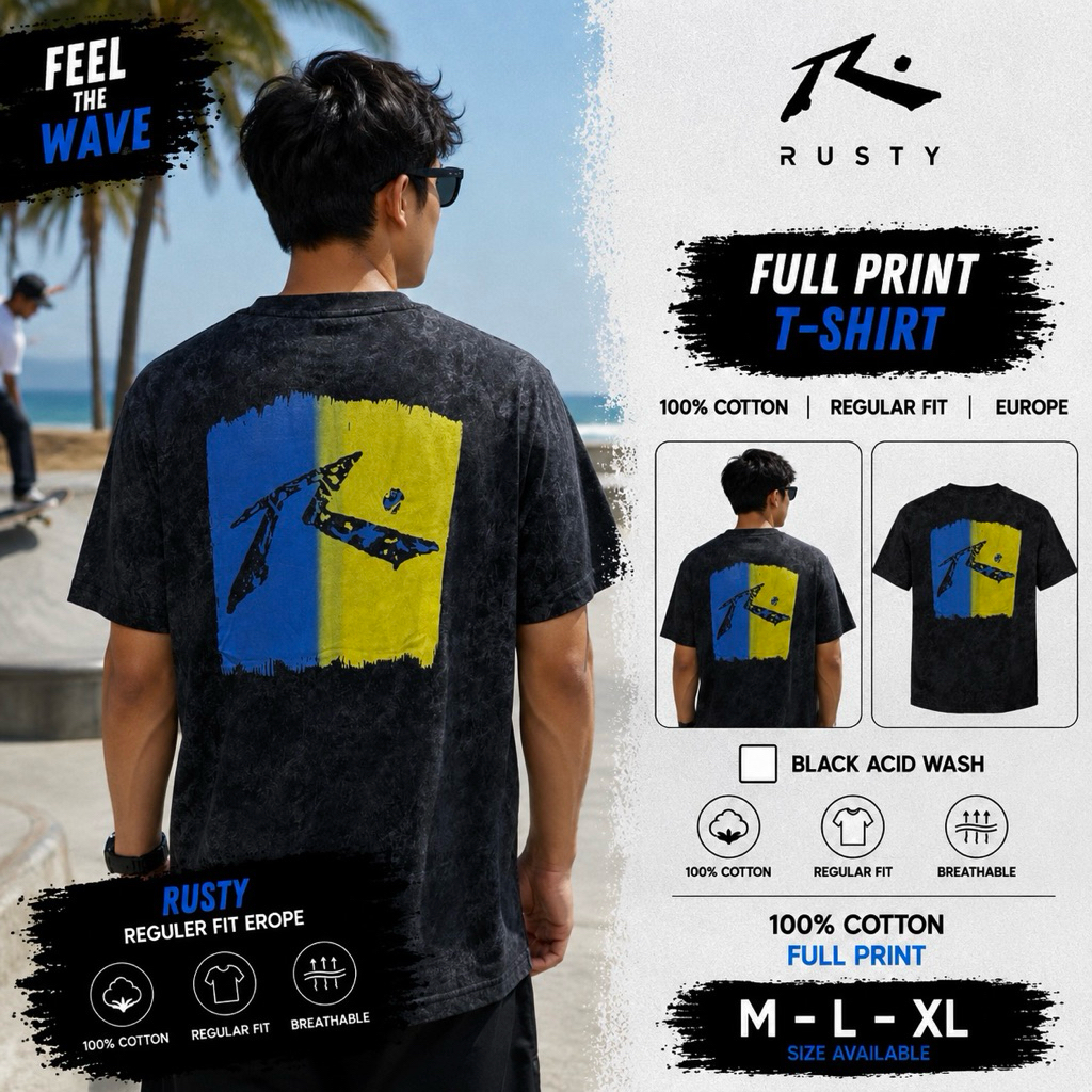Kaos Rusty Pria Back Print Hitam Washed | Cotton Combed 100% | Regular Fit Europe | T-Shirt Surfing 