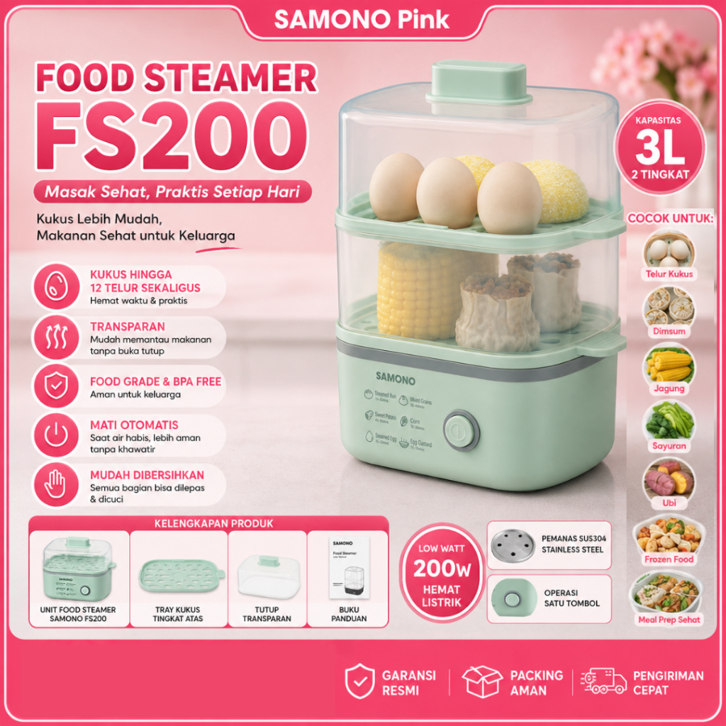 SAMONO Food Steamer 3 Liter Kukusan Elektrik 2 Tingkat Multifungsi Egg Boiler Pengukus Makanan Low K