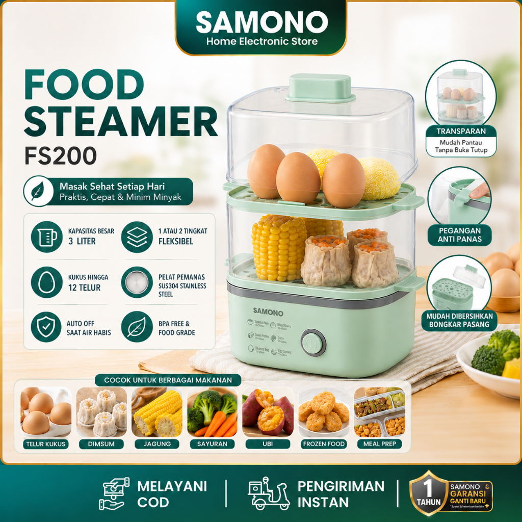 SAMONO Food Steamer 3 Liter 2 Tingkat 200W Low Watt Kukusan Elektrik 6 Mode BPA Free SUS304 Stainles