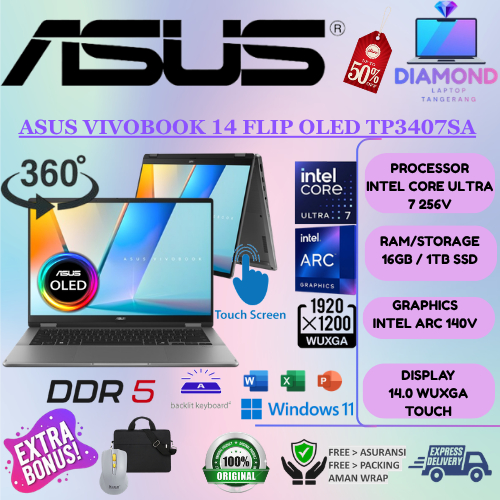 Laptop FLIP ASUS VIVOBOOK 14 FLIP OLED TP3407SA Intel Core ULTRA 7 256V 16GB DDR5 2TB TOUCH WUXGA