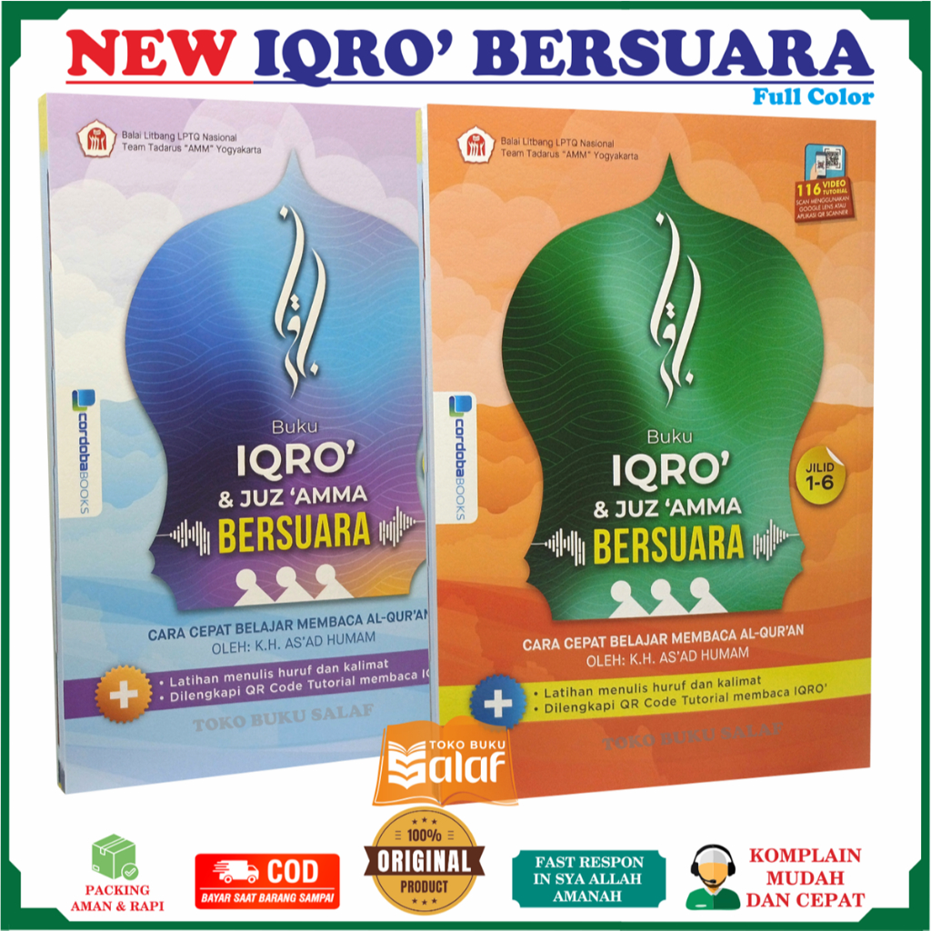 Buku Iqro' & Juz Amma BERSUARA JILID 1-6 QR Code Video Tutorial & Audio Tilawah BERWARNA FULL COLOR 