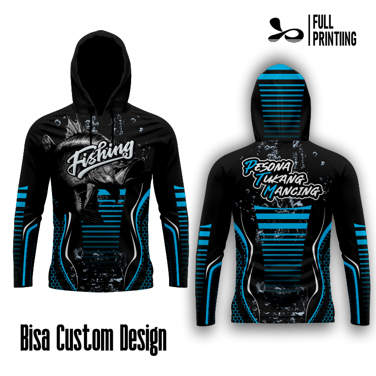 Jersey Mancing Baju Mancing Custom Lengan Panjang Hoodie Kupluk Custom Nama Full Print