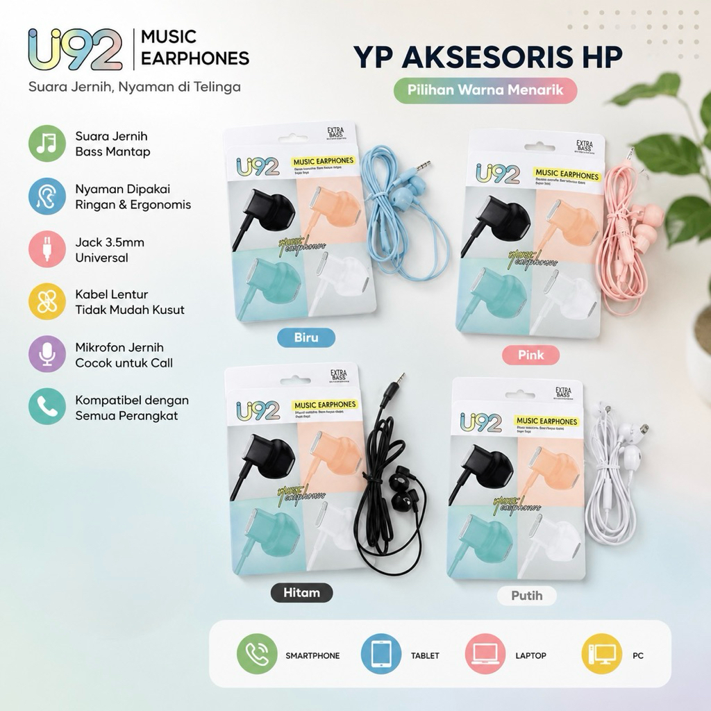 Earphone - Handsfree - Headset U92 MACARON + Mic EXTRA BASS STEREO HF Universal