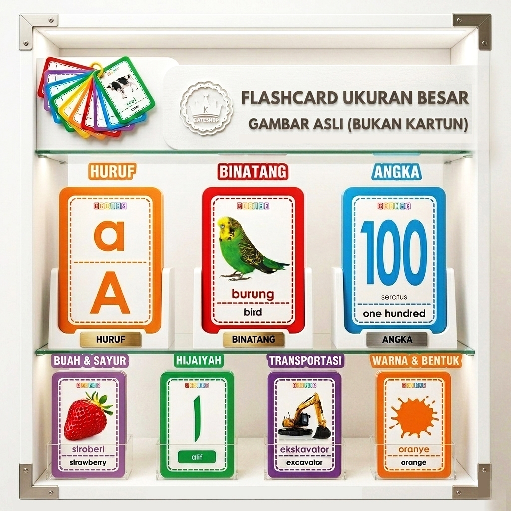 Flash Card Kartu Edukasi Anak Dengan Gambar 2 Sisi | Alfabet Angka Hewan Buah Hijaiyah Flashcard