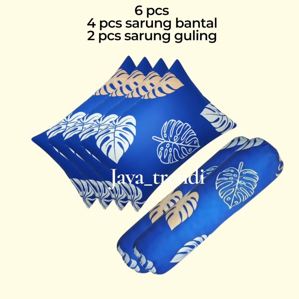 Set 4 Sarung Bantal Dan 2 sarung Guling Motif Daun Monstera Biru Putih Krem