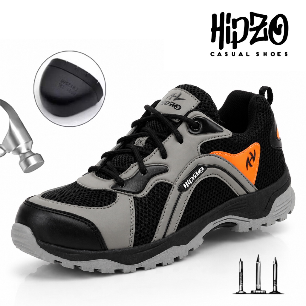 Sepatu Pria Safety Hipzo Terbaru Sneakers Cowok Cewek Kerja Ujung Besi Hitam Sport Berkualitas