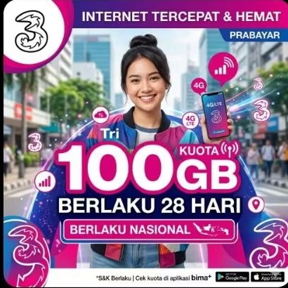 Paket Data internet Tri 100GB Full Kuota Utama 24 Jam