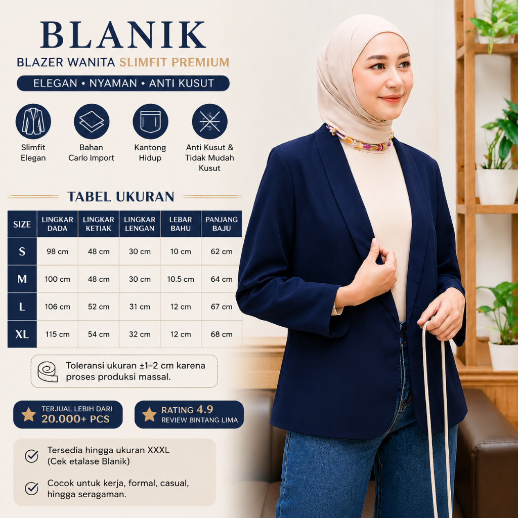 Chloebeautyshop - Blazer Blanik Wanita Kerah Lurus L / Xl /  Blazer Viral Tangan Panjang