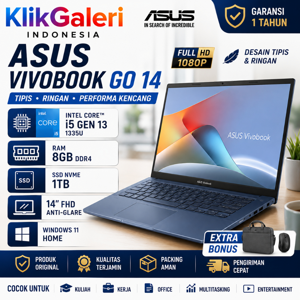 ASUS Vivobook Go 14 X1404 i5 Gen 13 RAM 8GB SSD 1TB FHD Win11 Laptop Office Kuliah