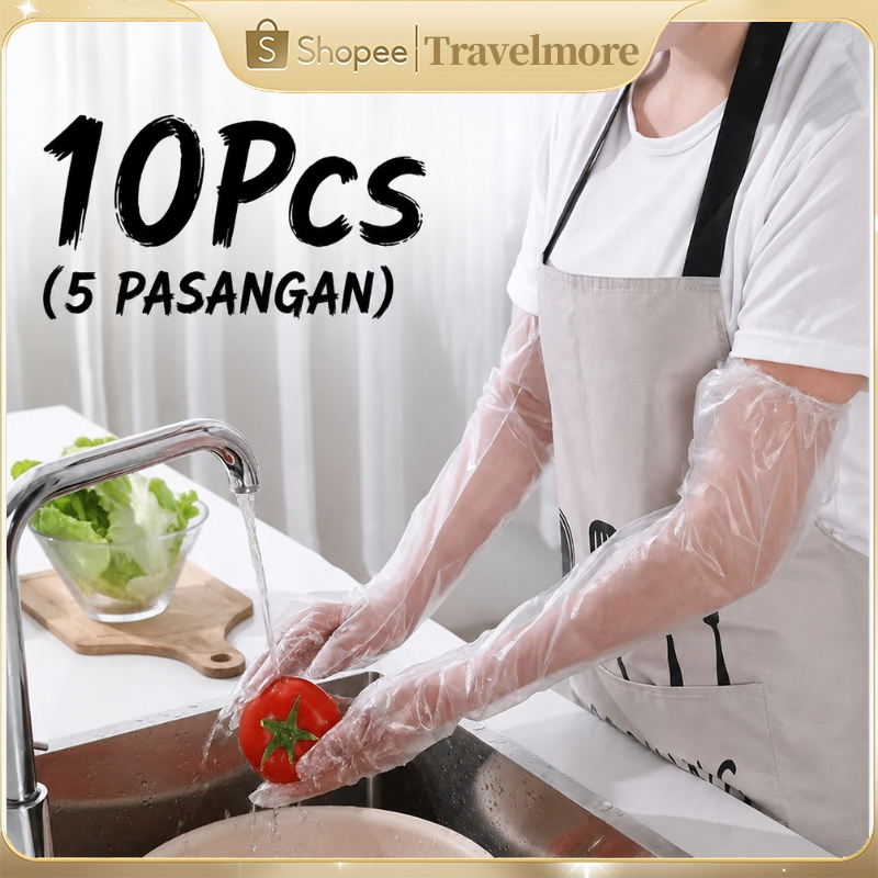 10 Pcs Sarung Tangan Plastik Panjang 60cm - Tahan Air, Tahan Minyak, Makanan Aman
