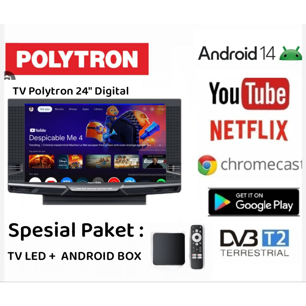 Spesial Paket Bundling TV LED Polytron 24 inch Digital dengan Smart Box Android TV