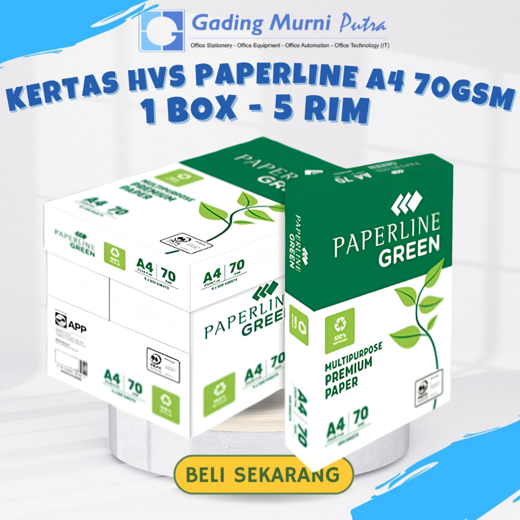 (1 BOX - 5 RIM) KERTAS HVS PAPERLINE A4 70GRAM 70GSM KERTAS DAUR ULANG RECYCLE PUTIH BERSIH