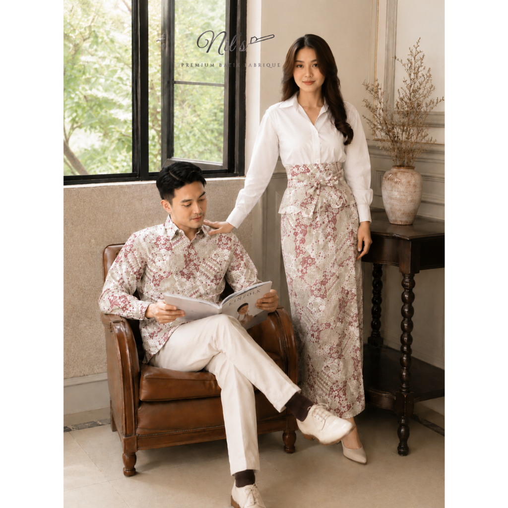 Couple Kondangan Kemeja Batik Pria Lengan Panjang dan Rok Instan dan Obi Belt / Pakaian Couple Batik