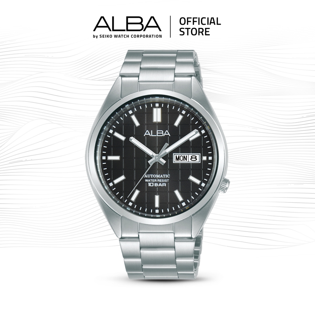 Alba Mechanical Jam Tangan Pria AL4327 / AL4327X1 Automatic Black Patterned Dial Stainless Strap Wat