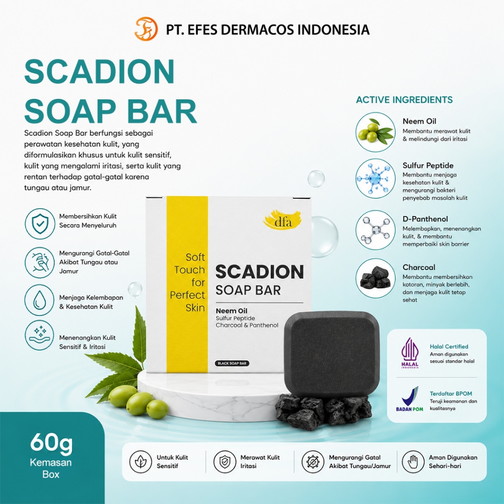 DFA SCADION SOAP BAR 60 Gr | Sabun Anti Scabies | Sabun Scabies Charcoal Sulfur Anti Bakteri & Anti 