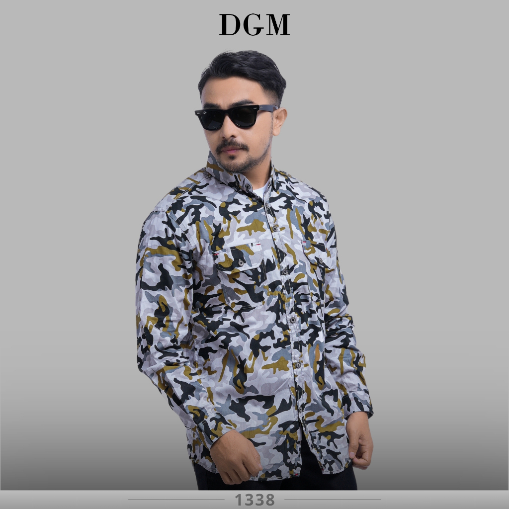 DGM Kemeja Pria Loreng Panjang Premium Kemeja Loreng Coklat-Abu Kemeja Kantong Dua 1338