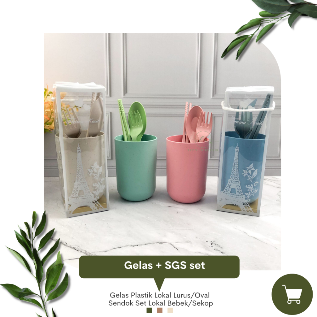 Souvenir Gelas Plastik Lokal Lurus/Oval Sendok Set Lokal Bebek/Sekop dibungkus Mika
