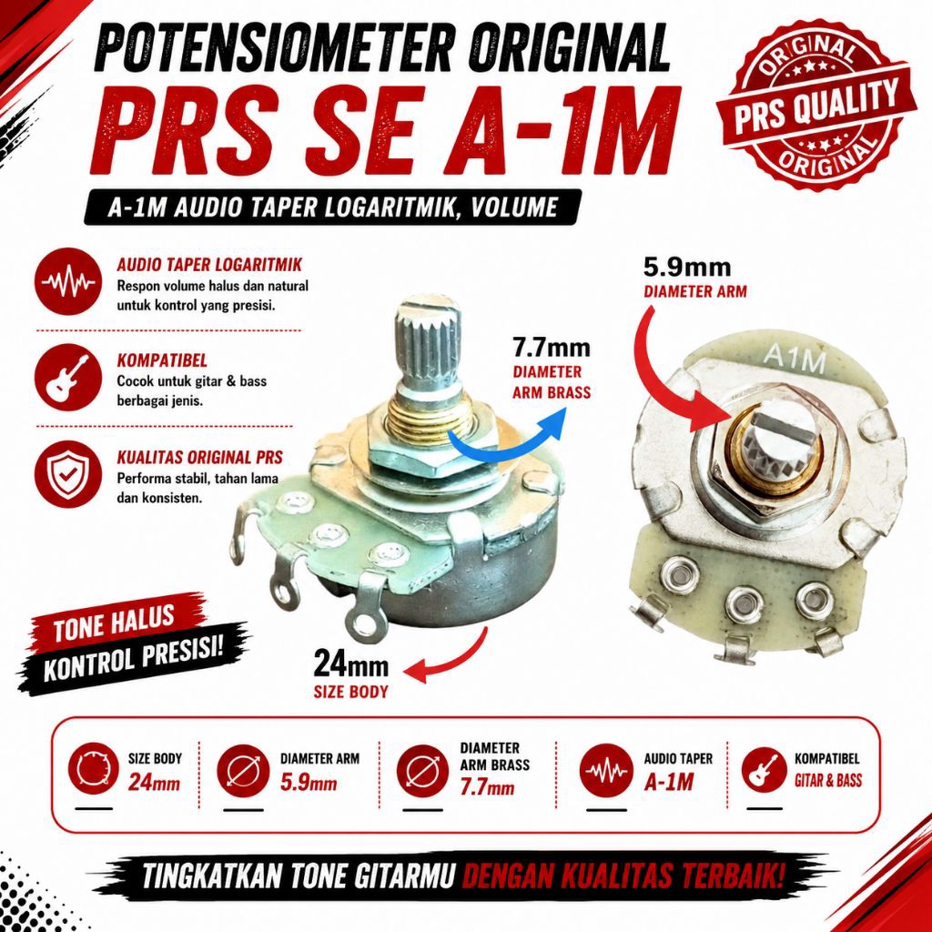 Potensiometer Original Gitar PRS SE A-1M Split Shaft 24mm Logaritmik