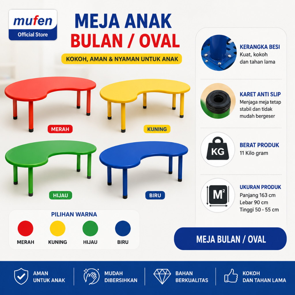 Meja Anak TK PAUD Oval Bulat | Meja Belajar Anak Plastik | Meja Sekolah Anak Indoor Outdoor MUFEN