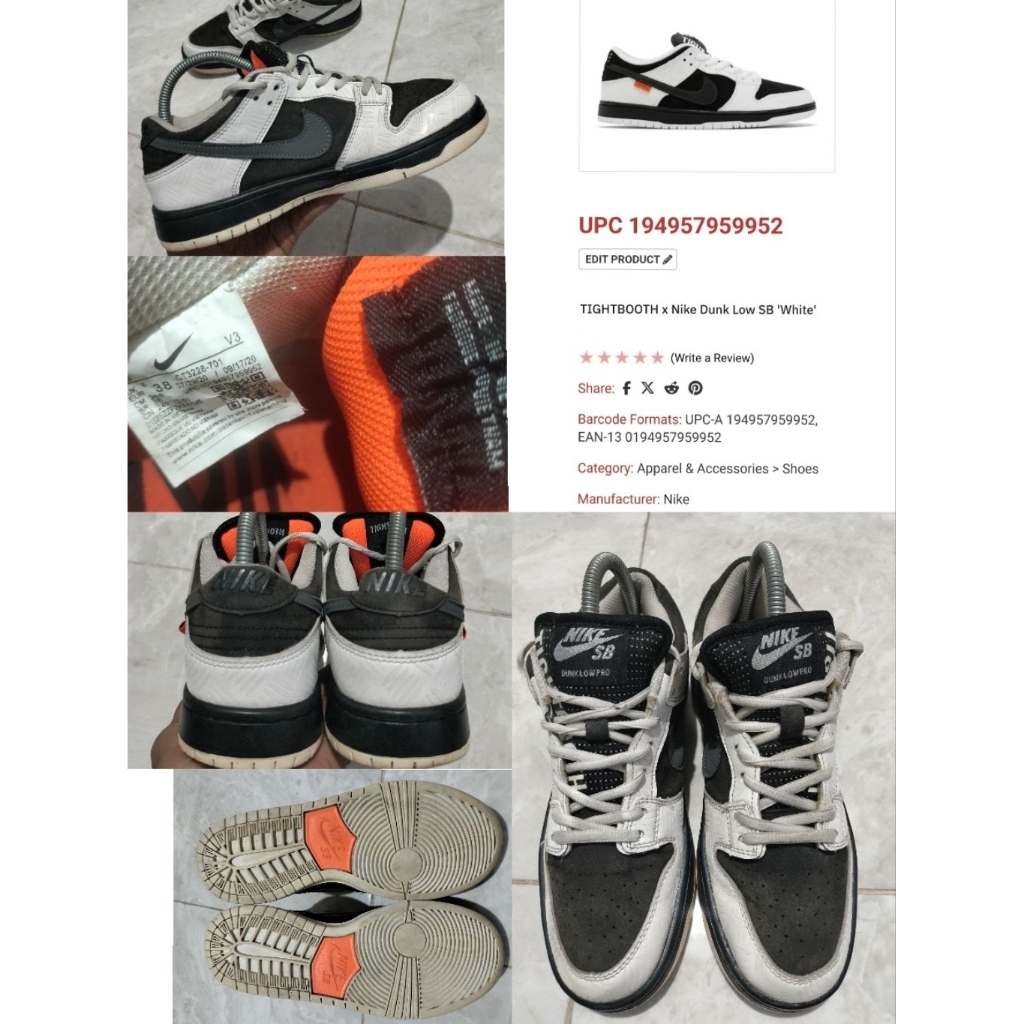 Sepatu Preloved Second Original Nike Dunk Low SB Colab Tightbooth Size 38