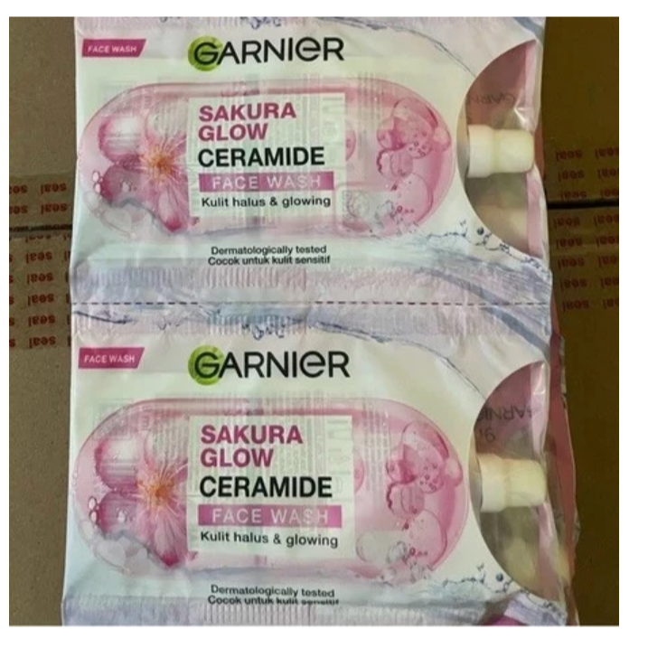 1 Renceng GARNIER SAKURA GLOW CERAMIDE FACE WASH isi 12 sachet 9 ml, sabun cuci muka/wajah membersih